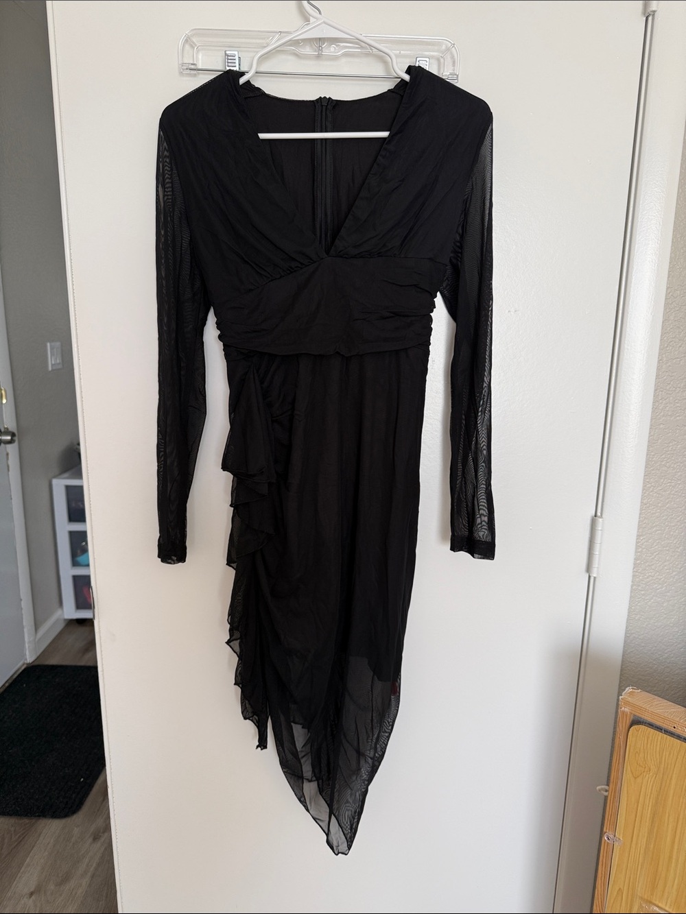Black Long-Sleeve Asymmetric Mesh Dress